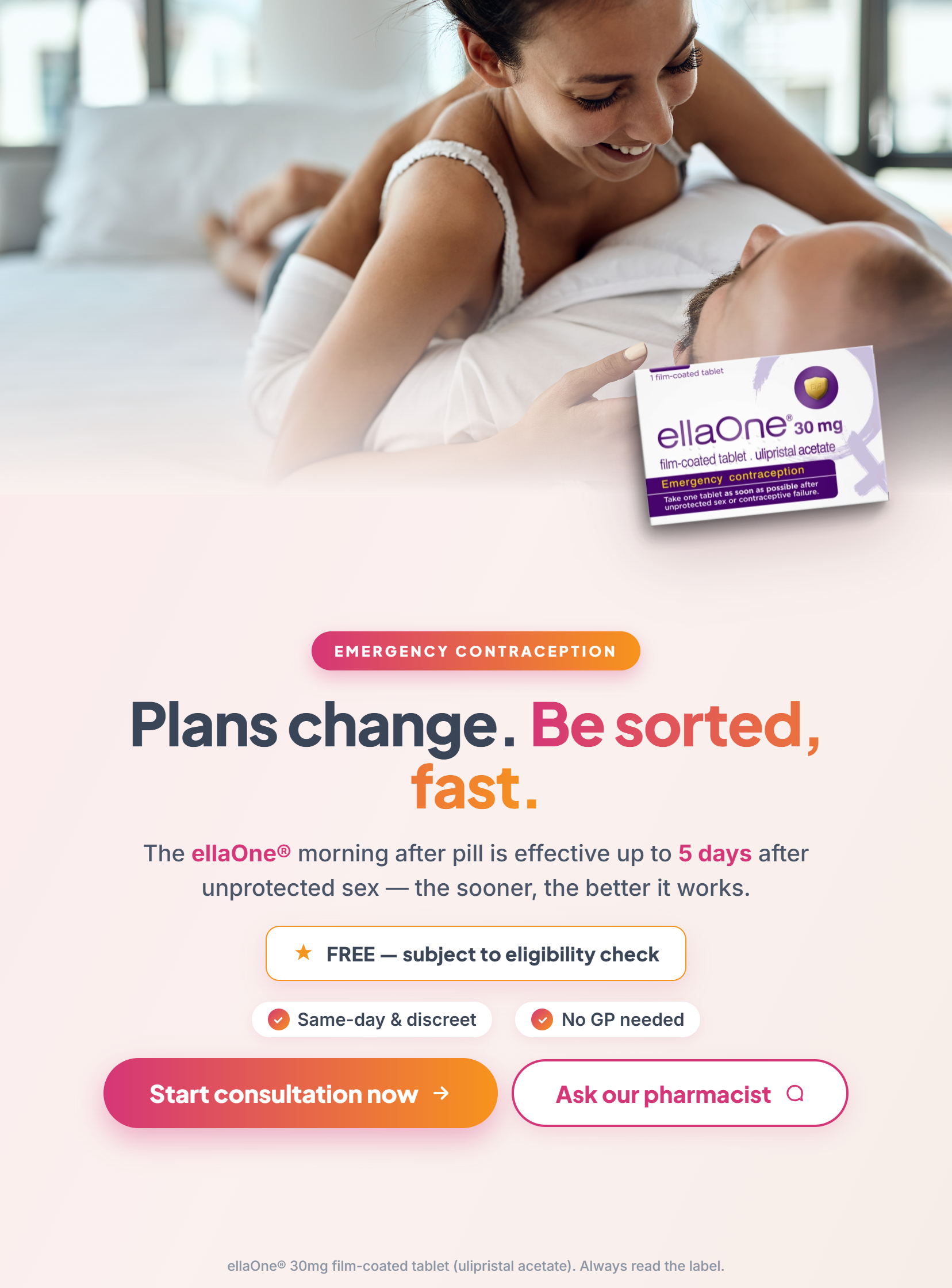 Emergency contraception at Newton Drive Pharmacy. Plans change, be sorted fast — the ellaOne morning-after pill, effective up to 5 days after unprotected sex and free subject to a quick eligibility check.